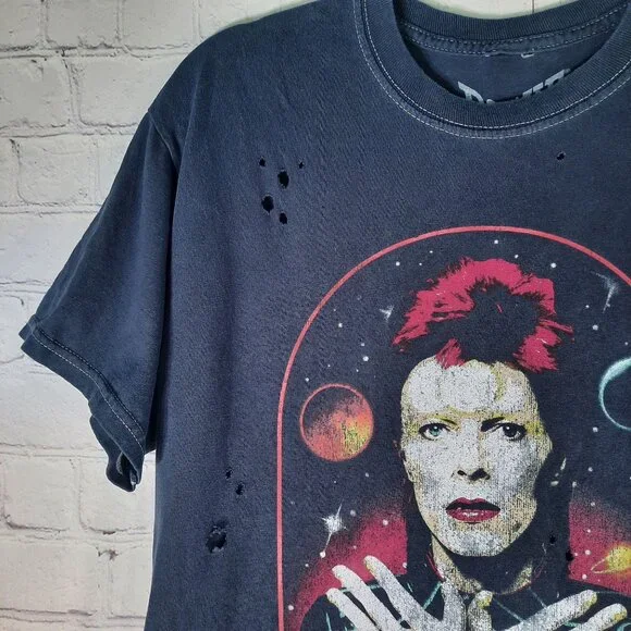 David Bowie Womens Bowie Retro Picture Vintage Style Navy Distressed Shirt - Picture 3 of 10